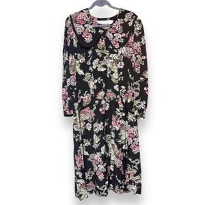 Vintage 80s Kathryn Deene Black Floral Collared Midi Dress Women’s Plus Size 18